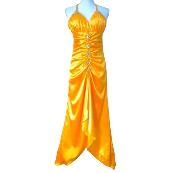 Beautiful May Queen Yellow Gold Prom/Evening Satin Dress - Picture 1 of 7